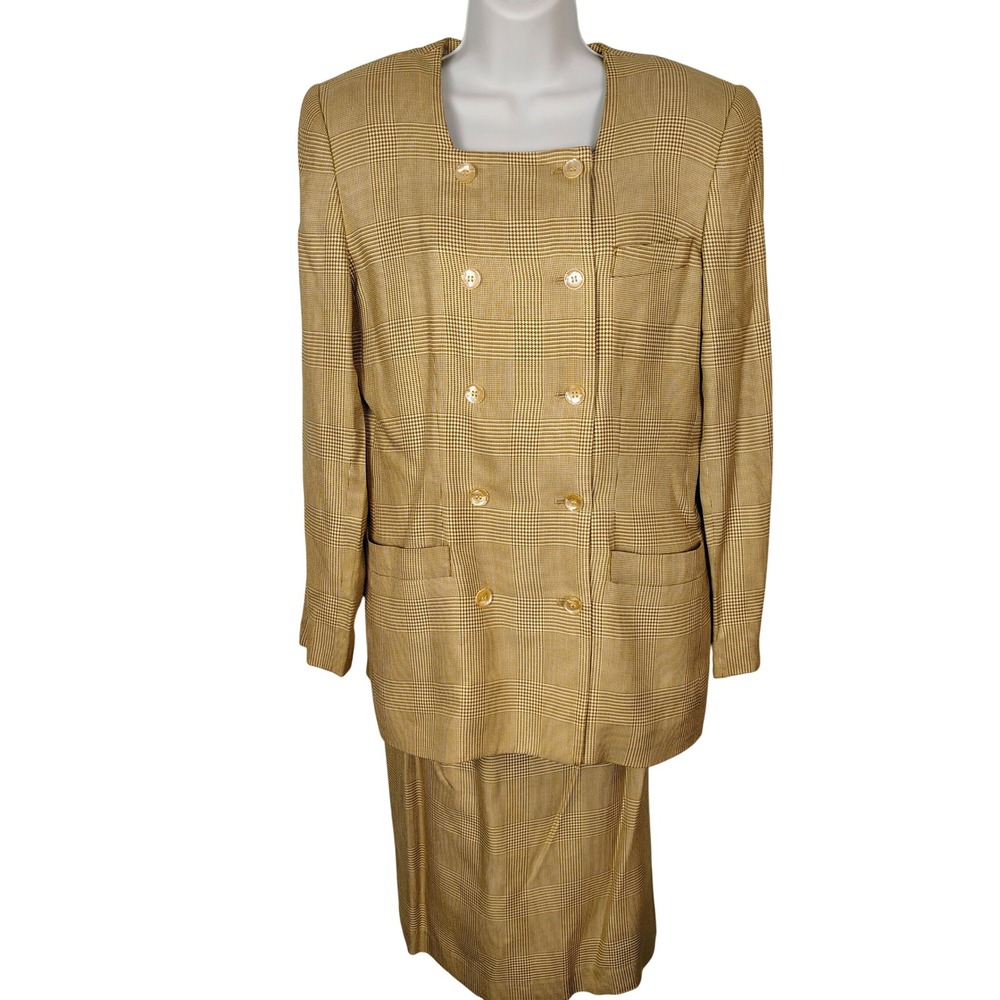 Stirling Cooper‎ Vintage Glen Plaid Skirt Suit Set Tan Mustard Rayon Size 8